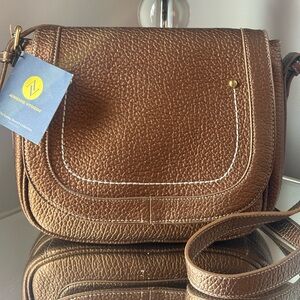 Adrienne Vittadini Bronze Saddle Bag Pebbled Faux  Leather Crossbody Shoulder